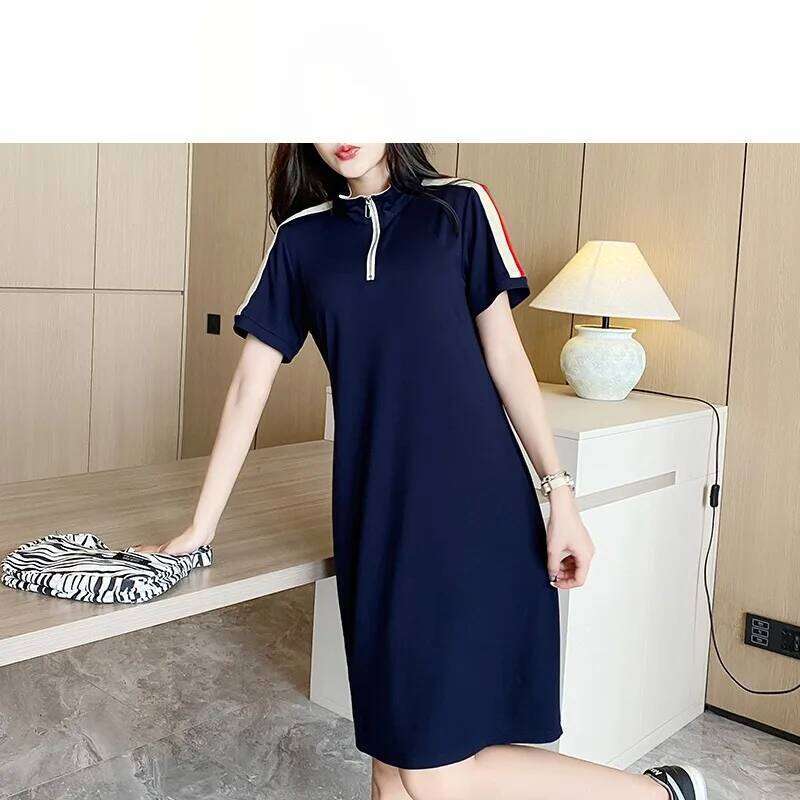 Women's Summer Pullover Turtleneck Solid Zipper Short Sleeve Casual Vacation Vintage Loose Elegant Knee Office Lady Dress Z260313