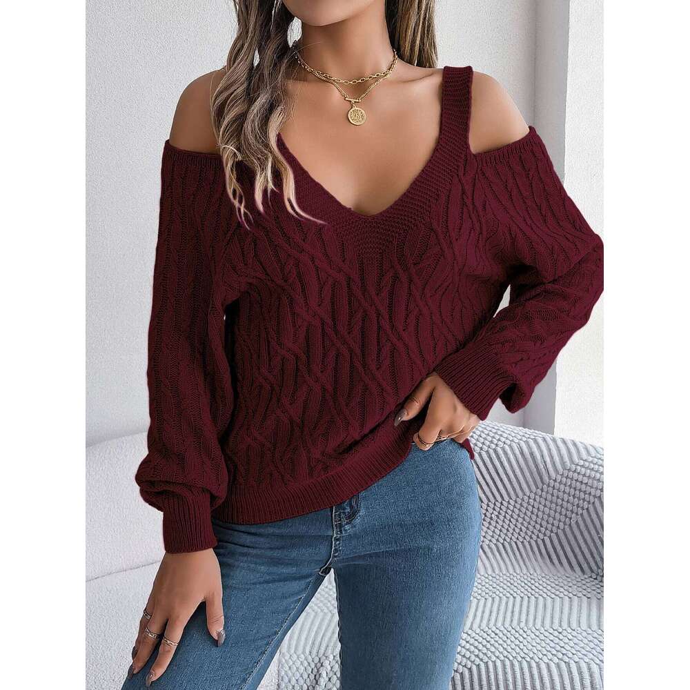 Women's Autumn Winter Casual Solid Color Off-Shoulder V-Neck Cable Knit Lantern Sleeve Pullover Sweater Top Z260313