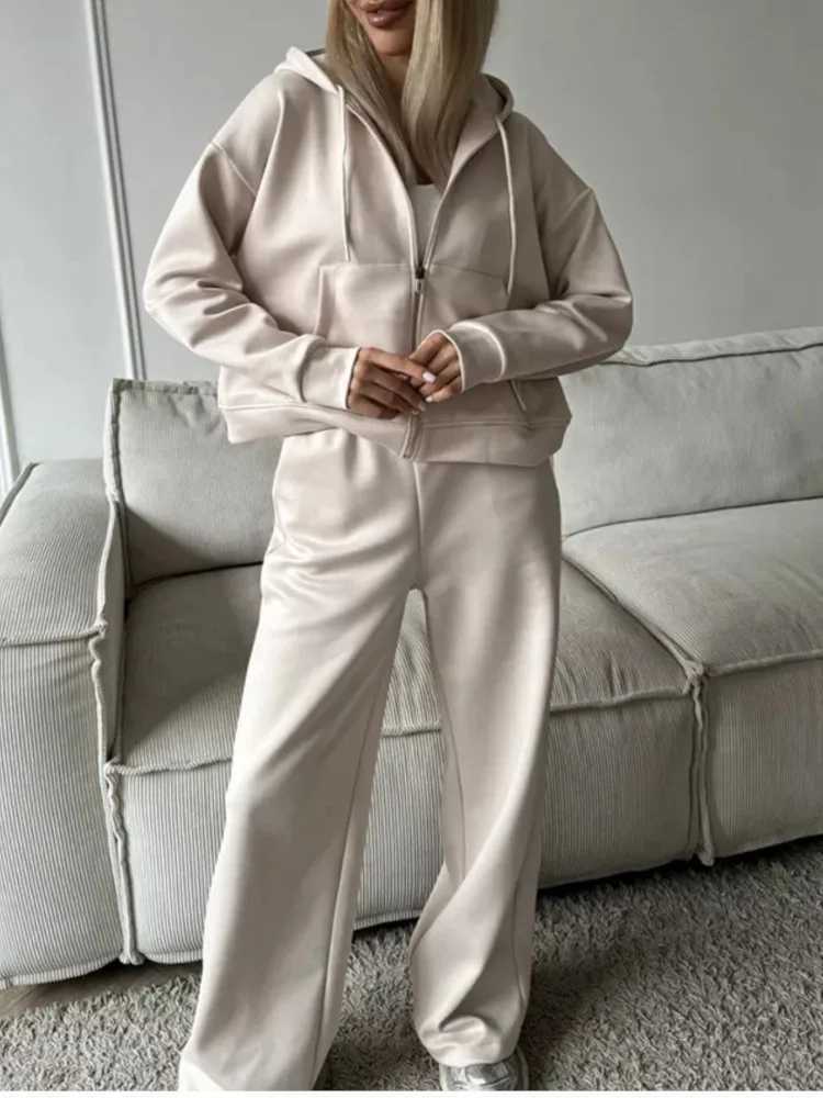 Autumn Solid Color Sports Suit Long-sleeved Zipper Cardigan Hooded Sweatshirt Trousers Two-piece Set Womens Casual Trousers Set M260313