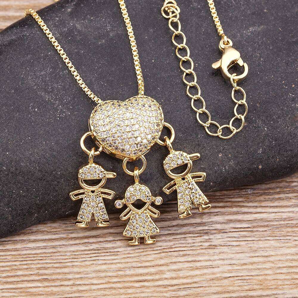 Nidin Hot Sale Son Daughter Heart Gold Plated Cubic Zirconia Family Girl Boy Pendant Necklace Chain Jewelry For Mother Gift H260312