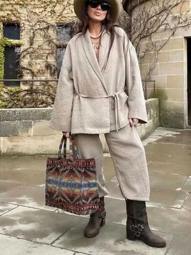 HH Women Loose Wide Leg Pant Set Fashion Lapel V Neck Long Sleeve Thin Blazer Coat With Belt 2024 Summer Ladies Solid Suit M260313