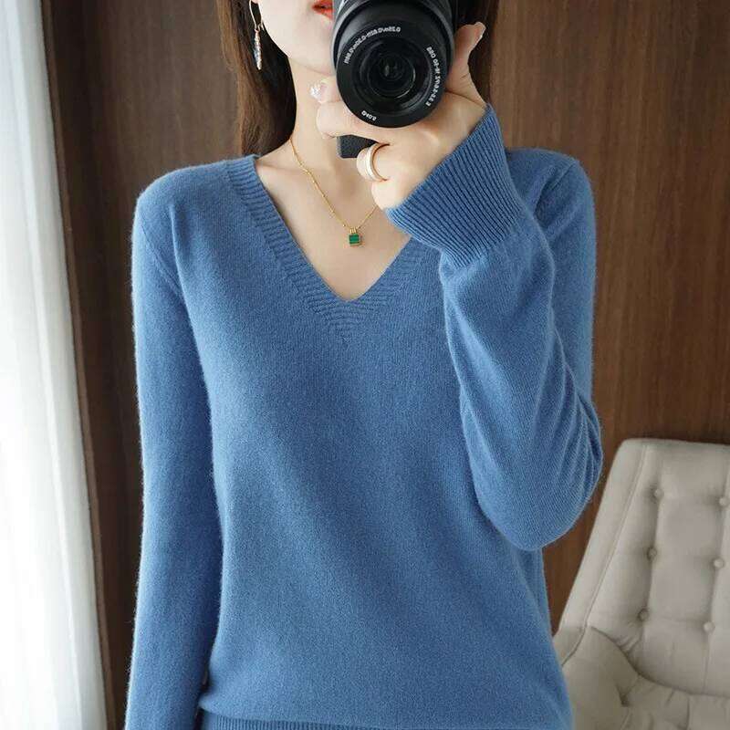Women's Sweater 2025 Autumn Winter Knitted Pullovers V-neck Slim Fit Bottoming Shirt Solid Soft Knitwear Jumpers Basic Sweaters Z260313