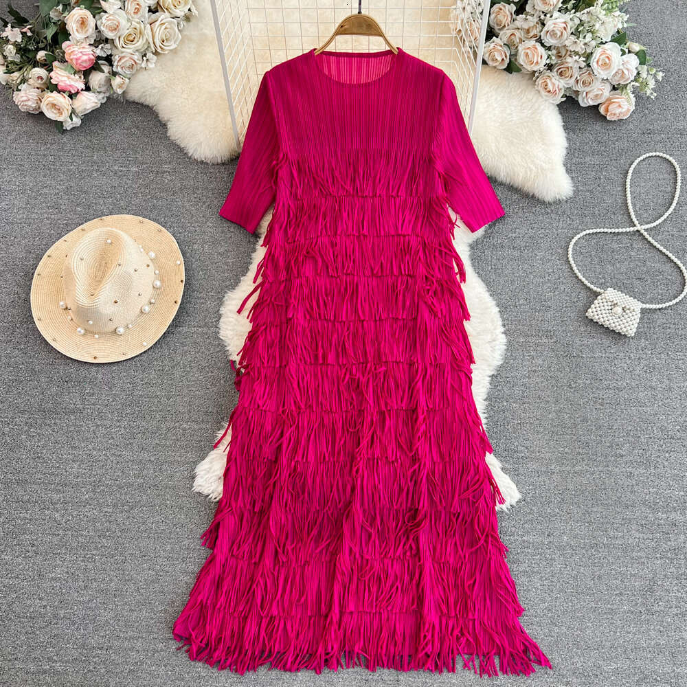 2026 Designer A13 Fashion pleated short sleeved round neck loose A-line ribbon dress elegant long sleeved
