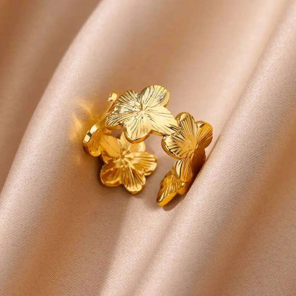 Elegant Stainless Steel Big Bloom Flower For Women Gold Color New Style Open Rings Finger Punk Jewelry Wedding Her Gift H260312