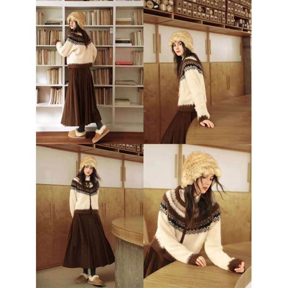 Nordic Style Womens Knitted Cardigan Sweater Alpaca Wool Retro Winter Autumn Color Block Jacquard Long Sleeve Casual Top Z260313