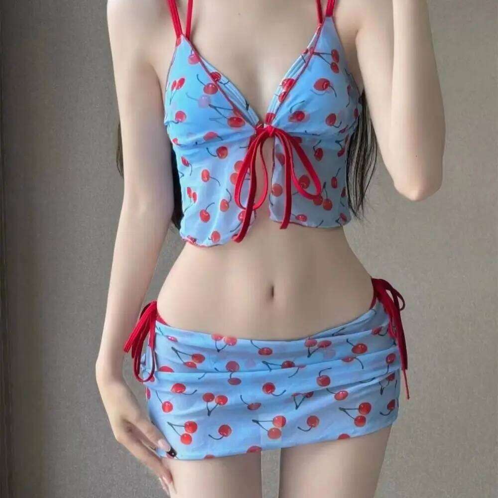 Desire Pure Color Cherry Bikini Set V Neck Push Sexy Swimwear Print Pattern Mesh Lace Up Beach Swimsuit Hot Spring 26H0313