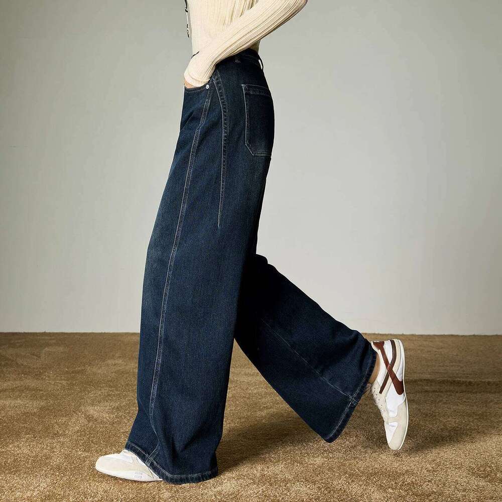 TOYOUTH Women Stretchy Jeans 2025 Winter New Fleece-Lined Warm Retro Indigo Deconstructed Split Wide-Leg Trousers Z260313