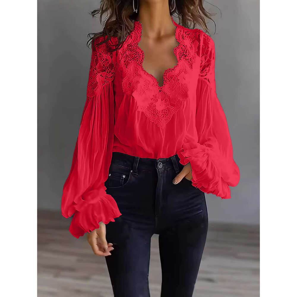 Women's Blouse Solid Color Elegant Sexy V-neck Lace Splicing Lantern Sleeve Solid Blouse Office Commuter Chic Shirt For Female shirt thin women