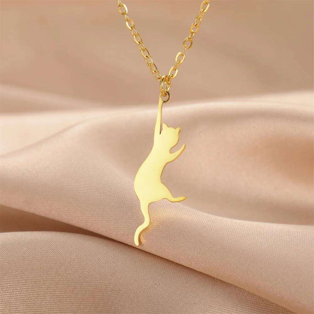 My Shape Cat and Fish Bones Pendant Necklaces for Women Girls Kitten Animals Charms Neck Chain Choker Stainless Steel Jewelry H260312