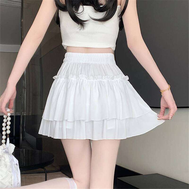Summer Kawaii Elastic High Waist Black White Ruflles Skirt Women Fashion Slim Fit Chiffon Mini Skirts Giris Y2k All Match Faldas Z260314