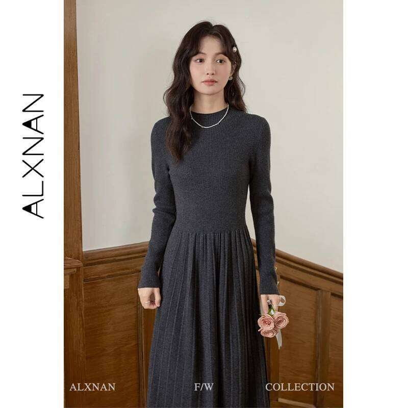 ALXNAN Women's Knitted Autumn Winter Warm A-line Dresses Elegant Office Style Casual Long Sleeve Midi Dress L52017 Z260314