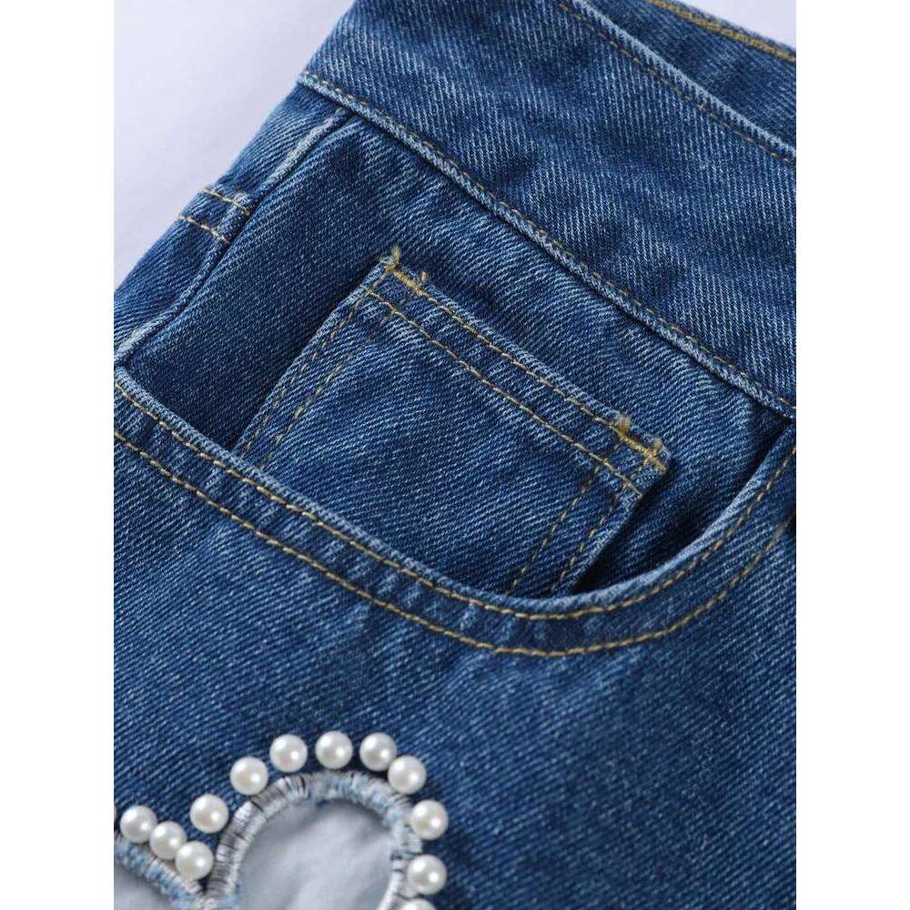 Street Pearl Hollow Women's Jeans Zipper Pockets High Waist Blue Denim Trousers 2025 Autumn Winter Lady Y2K Outwear Z260313