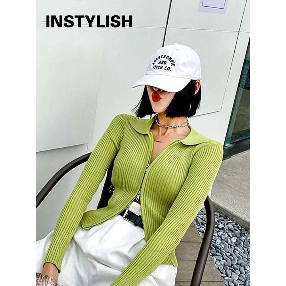 Elegant Korean Knitted Sweater Sexy Lapel Zipper Up Cardigan Women Vintage Harajuku Slim Coat Casual Ribbed Knit Cropped Tops Z260313