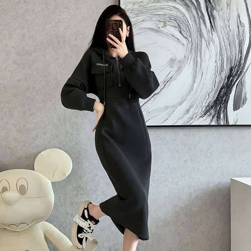 Female Clothing Casual Hooded Midi Dress A-Line Waist Spring Autumn Solid Color Basic Long Sleeve Chic Pockets Spliced Dresses Z260314