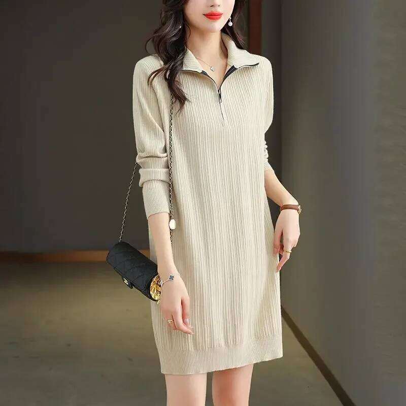 Red Knit Dress With Half Zipper Polo Neck Three Quarter Sleeve Loose Fit Casual Style For Women Autumn Winter Wear Z260314