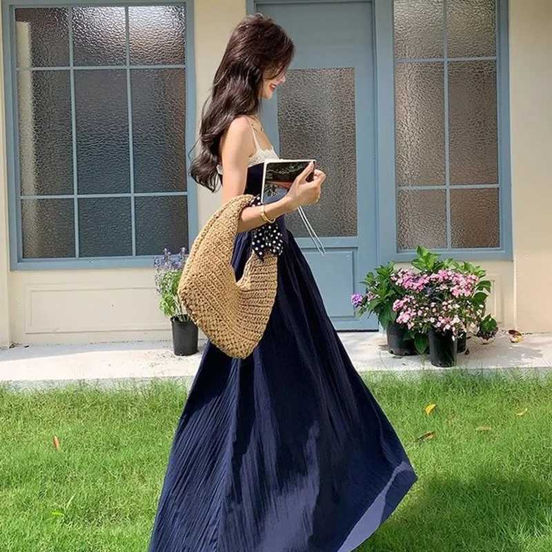 Women Navy Blue Contrast Maxi Dress Lady Lace Trim Square Neck Casual Summer Vacation Dress Female Sleeveless Comfort DressT260314