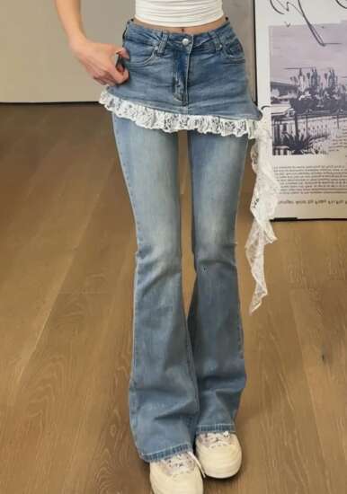 Women Korean Slim Design Lace Patchwork Harajuku Y2K Denim Flare Pants 2000s Kpop Bell-Bottom Long Trousers Gyaru Abi Jean New Z260313