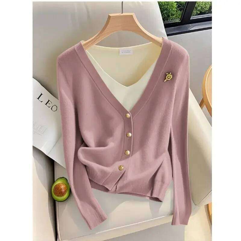 2024 Autumn New Fake Two Pieces Knitting Cardigan Interior Lapping Bottoming Shirt Ladies Simplicity Patchwork V-neck Sweater Z260313