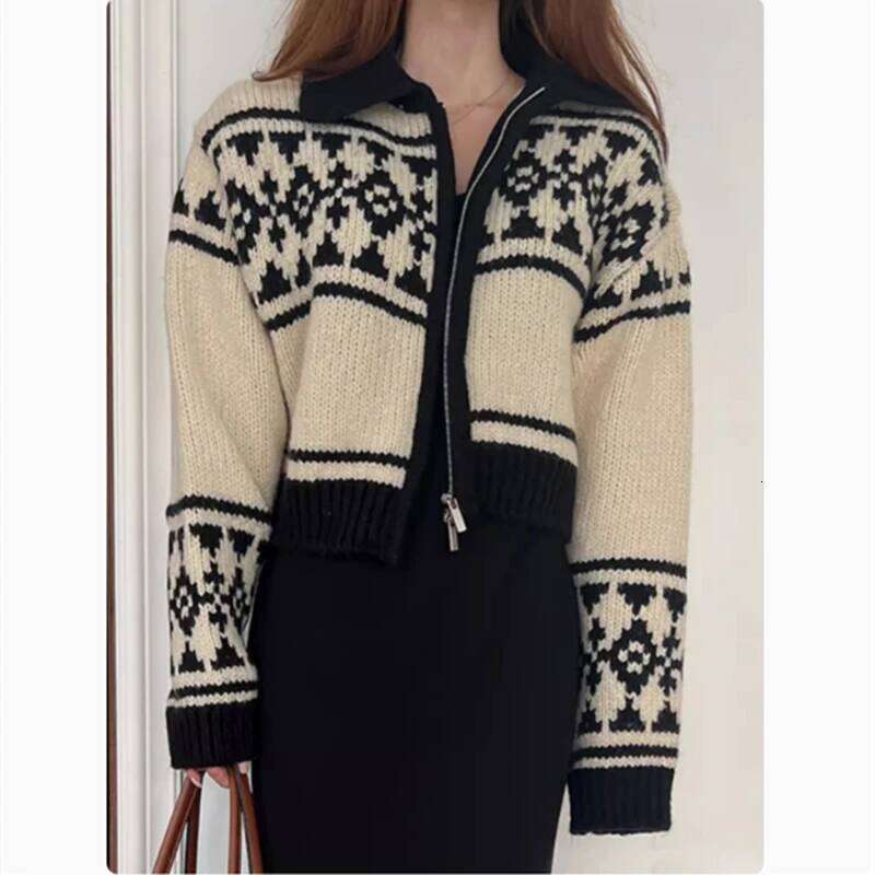 NEW Korean Gentle Touch Winter Retro Cardigan Chic Jacquard Zipper Knitted Sweater Cozy Jacket Z260314