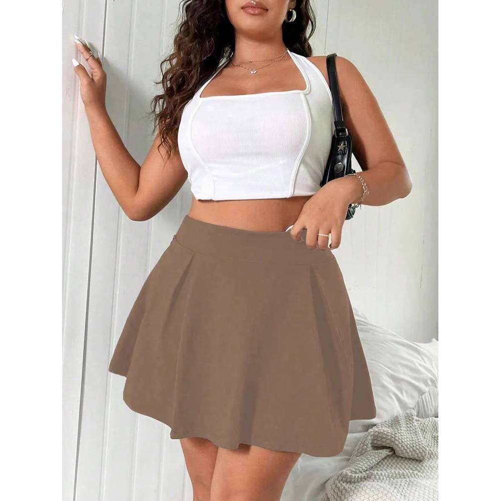 Black Knitted Skirt Plus Size Women's with Built-in Shorts and Pockets Solid Colour Y2K Z260314