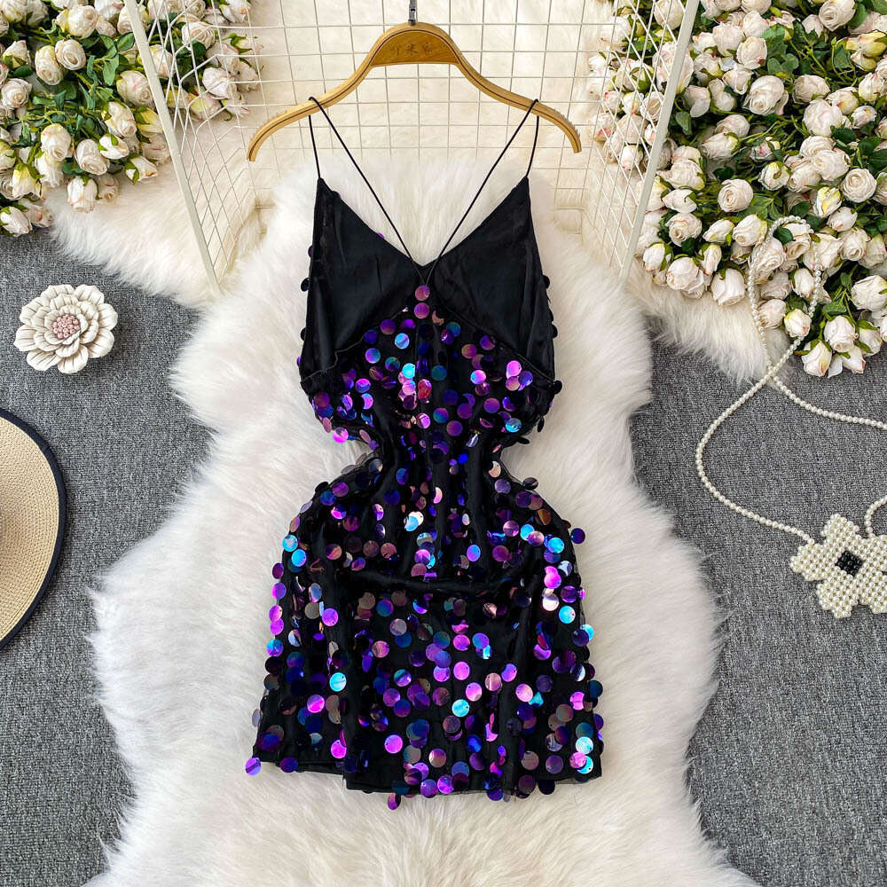 2026 high-end sparkling sequin V-neck backless camisole dress designed A12 specifically for performances