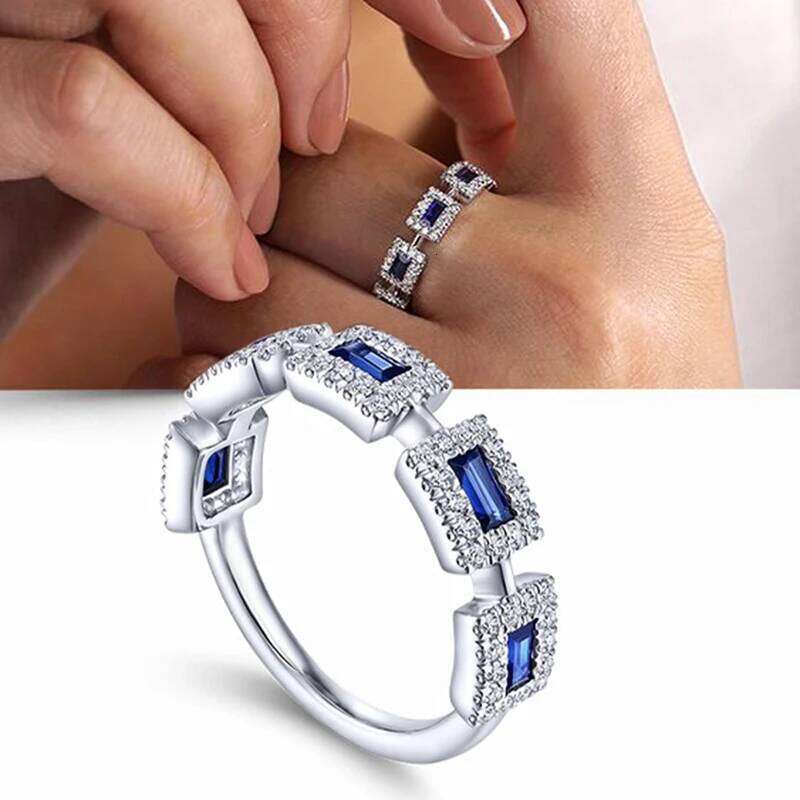 Huitan Sparkling White/Blue CZ Finger Ring for Women Geometric Shaped Fashion Female Rings Exquisite Wedding Band Jewelry H260312