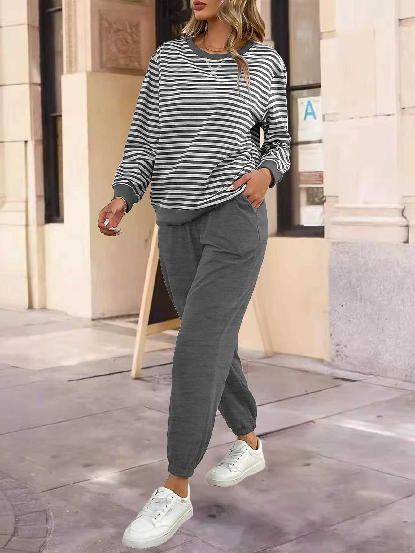 Women Striped Long Sleeve Two-Piece Set Loose wiTH PoCKets Casual Sportswear Outfit for Outdoor Shopping M260313