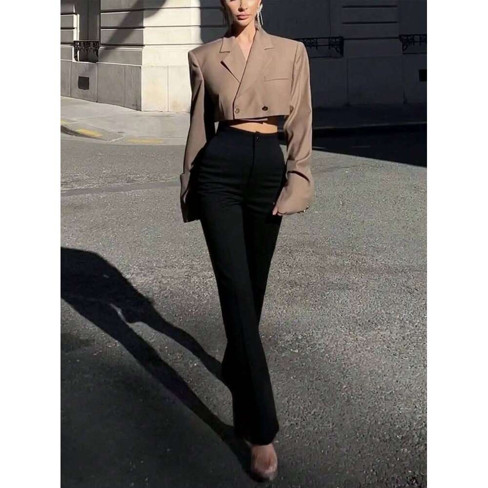 Ladies' solid color black casual elegant high waisted straight leg pants suitable for daily outings office commuting Z260313