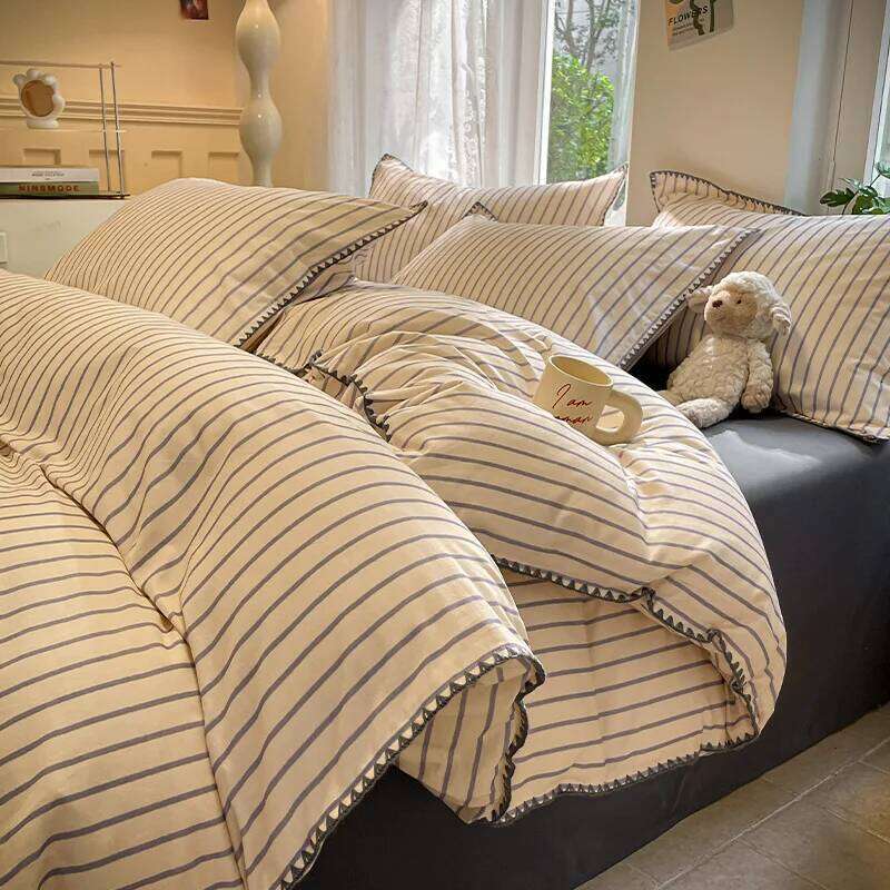 winter thickened four-piece set simple solid color striped shell edge naked sleeping grade sheets comfortable home textiles H260312 - view 5