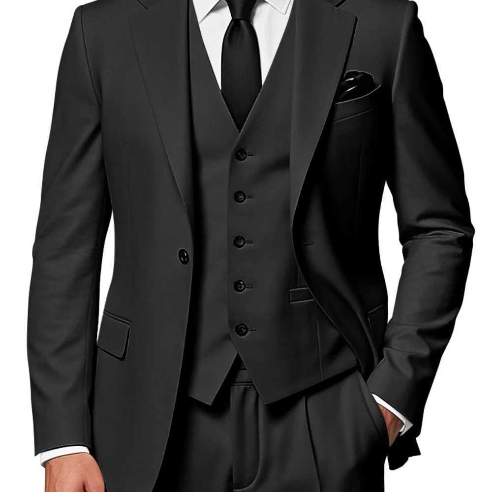 Mens Monochromatic Slim Fit 3-Button Peak Lapel Smoking Jacket Vest Formal Business Suit Set for Wedding Terno M260313