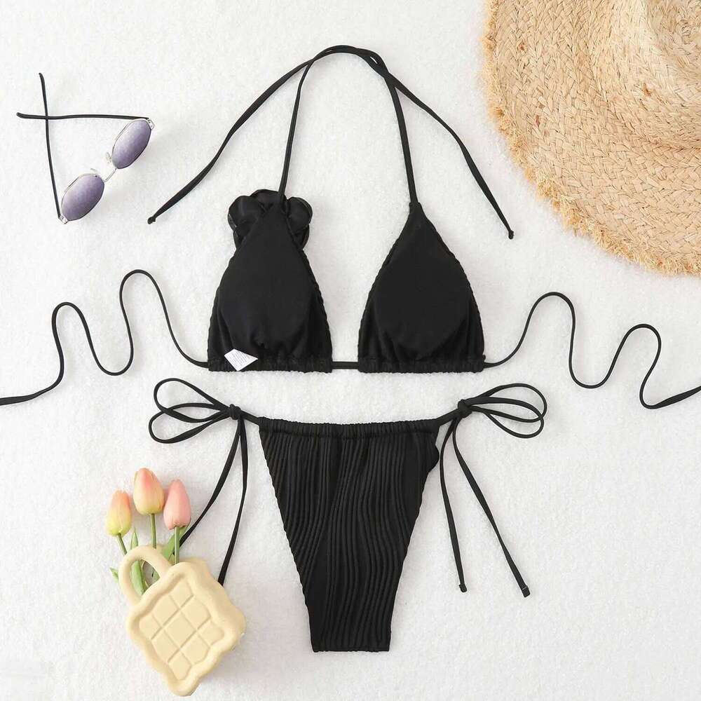 2026 Triangle String Bikinis Women 3D Floral Swimwear Female Sexy Swimsuit Solid Bathers Bathing Swimming Swim Suit Beachwear Y260303
