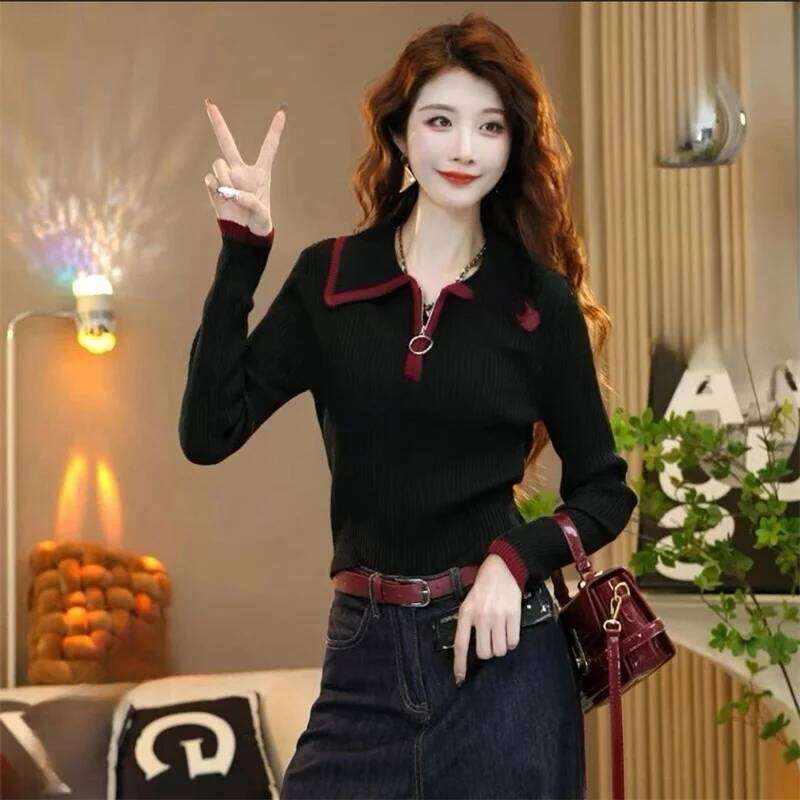 Zipper Lapel Sweater Women Autumn Winter Pullover 2026 New Color Blocked Long Sleeved Slim Knit Top Female Bottoming Shirt Z260313
