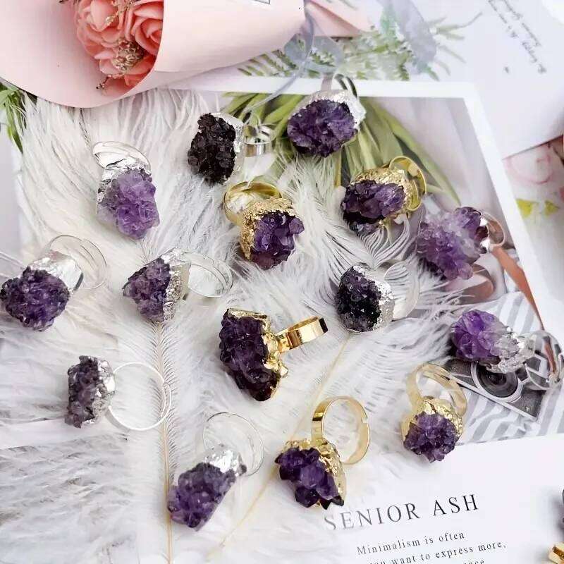 Natural Crystal Reiki Rings Raw Irregular Amethyst Cluster Geode Druzy Adjustable Finger Ring Resizable H260312