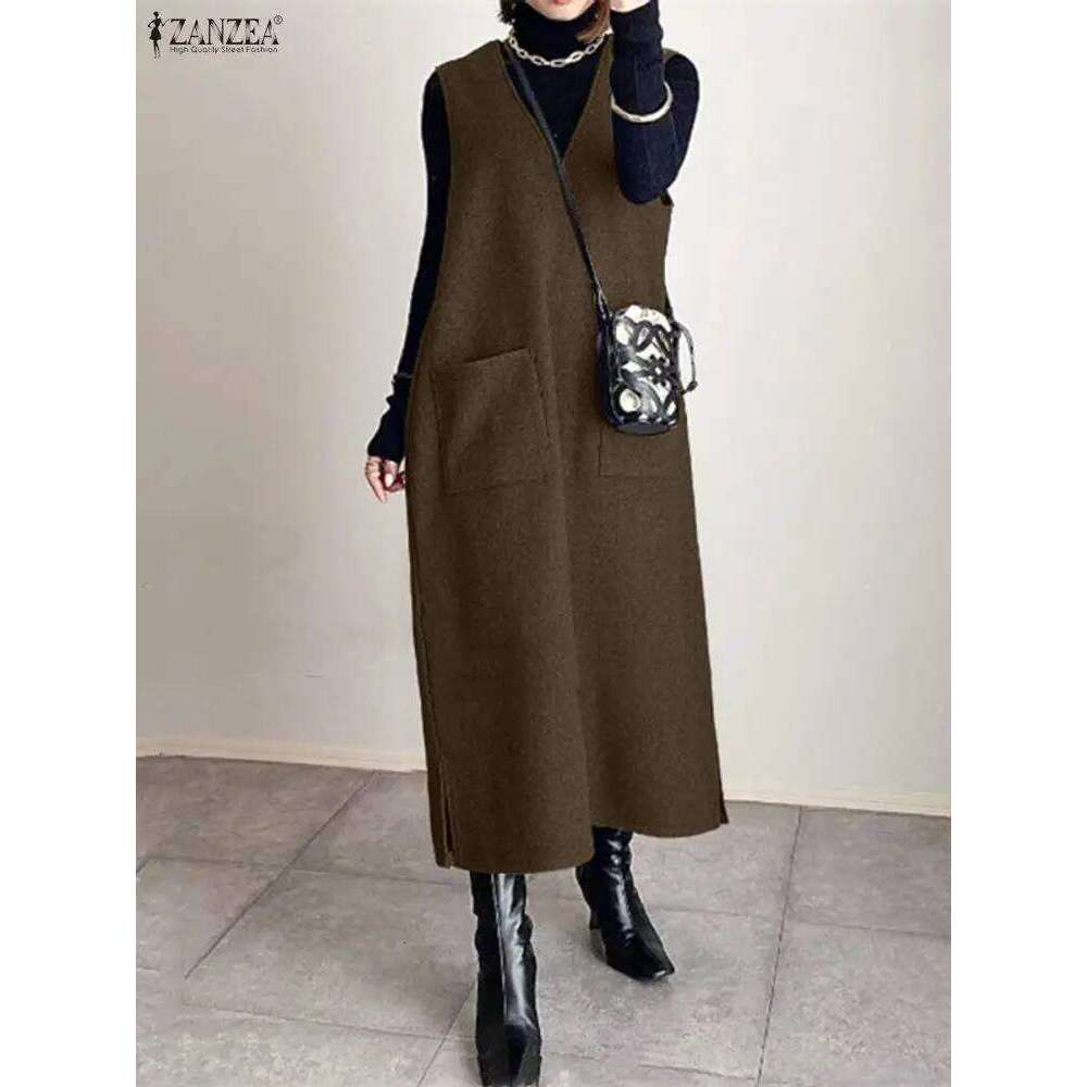 2025 Autumn Sweatshirt Dress ZANZEA Women Stylish Tanks Robe Elegant V Neck Sleeveless Winter Dresses Casual Baggy Work Sundress Z260313