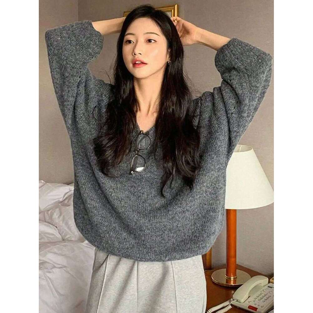 Women's Oversized V-Neck Knit Sweater Soft Loose Long Sleeve Casual Pullover Gray Z260314