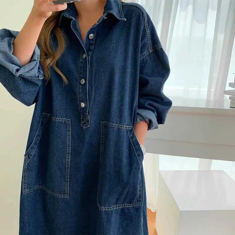 Long Dress Women Denim Dresses Turn Down Collar A Line Vestidos Maxi Mom Jeans Streetwear Casual Loose Y2k Summer 2025 PartyT260314