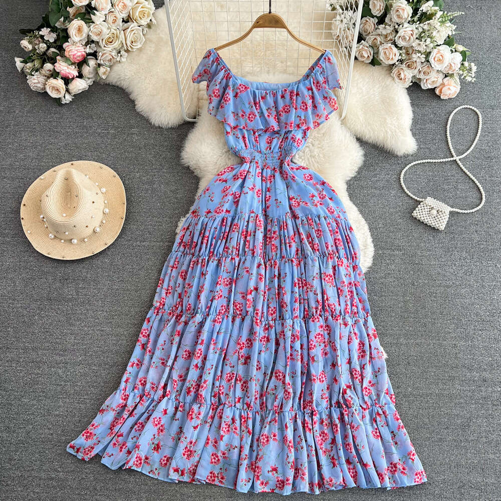 Super Immortal Seaside Resort Flower Style Gentle Square Collar Ruffle Hemp Waist Slimming A-line Chiffon Dress
