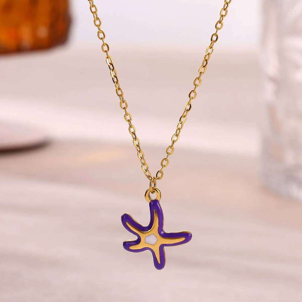 Cute Women Starfish Necklace 18 K Gold Color Charm Beach Tropical Fashion Waterproof Stainless Steel Drip Oil Jewelry Christmas H260312