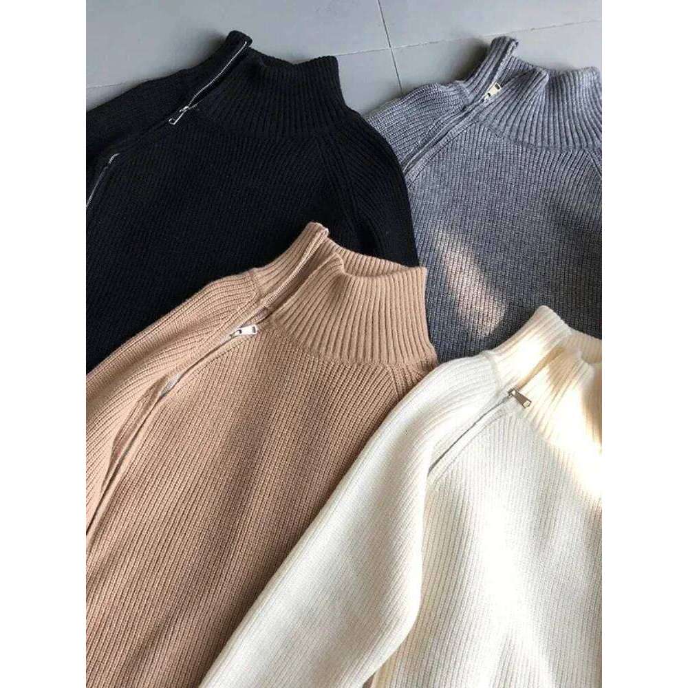 Women's Turtleneck Zipper Oversize Fashion Sweaters 2025 Autumn Knitwears Loose Thick Warm High Neck Solid Pullovers Women Z260313