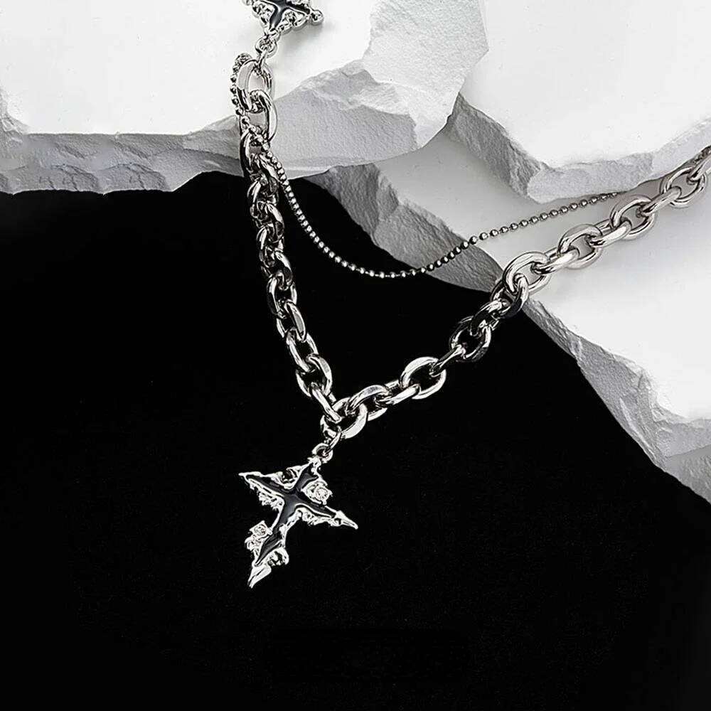 Punk Black Cross Necklace For Men Women Trend Titanium Steel Chain Sweater Pendant Hip Hop Jewelry Cool Accessories H260312