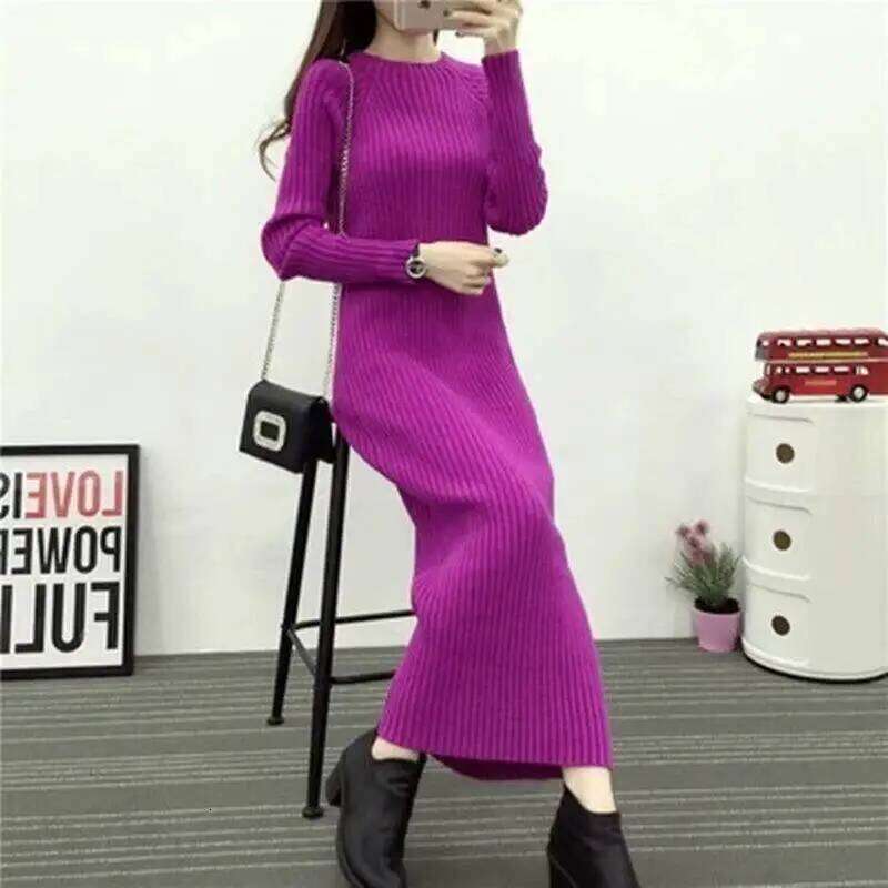Midi Wrap Knit Dresses for Women Autumn Winter 2025 Maxi Women's Sweater Knitted One-piece Dress Green Long Sleeve Bodycon Black Z260313