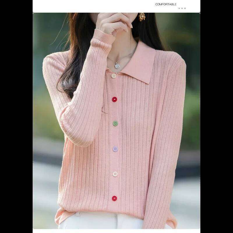 New Autumn Winter Polo Collar Casual Striped Sweater Versatile Long-sleeved Buttoned Cardigan Embroidered Jacket Z260313