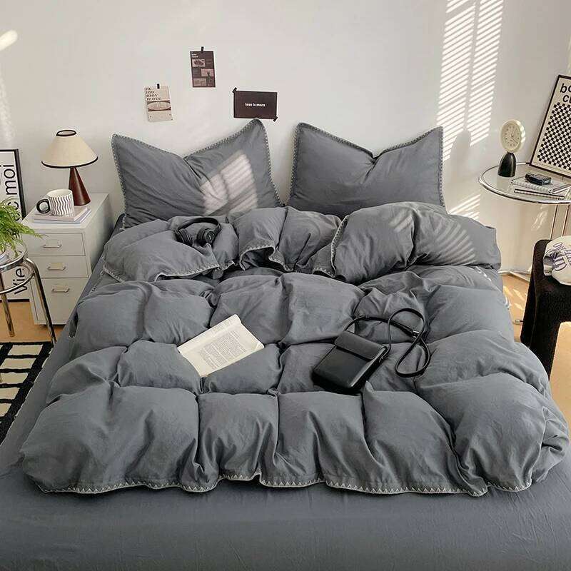 2025 Washed Cotton Linen Bedding Four Piece Sheets Comforter Set Single Full Couple Bed Quilt Cover Simple Style H260312 - view 3