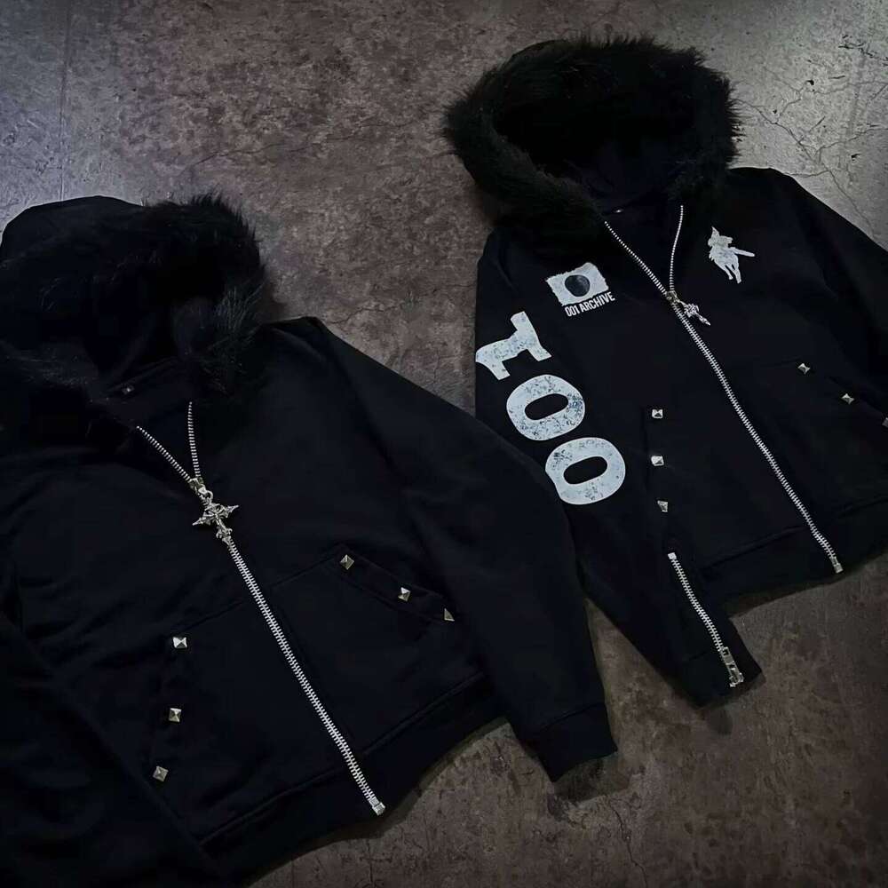 American Retro Rock Gothic Graphic Fur Collar Loose Zipper Sweatshirt Men Y2K New Harajuku Punk Casual Joker Hoodie Streetwear Z260314