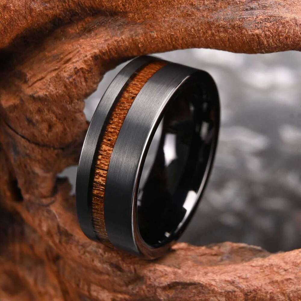 8mm brushed wood inlay black tungsten mens wedding band ring, anniversary gift,comfort fit jewelry H260312