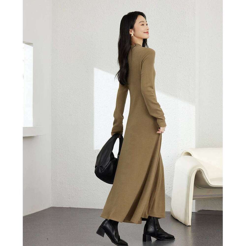 VIMLY Long Knit Woman French Half High Collar Evening Dresses 2025 Winter Office A-line Slim Fit Lady Dress M9155 Z260314