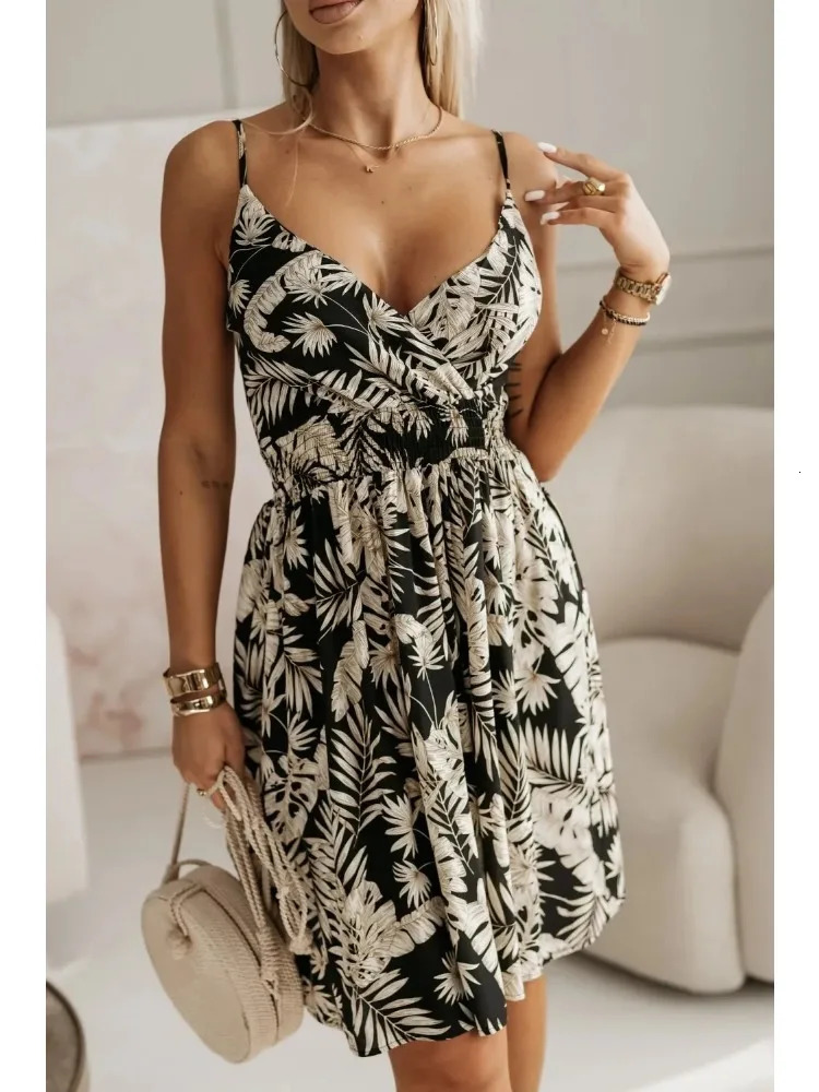 Fashion Womens Summer Wrap Pleated Dresses Ladies Floral Print Sexy Spaghetti Strap Sling DressBeach Dress A Line Sundress 260313