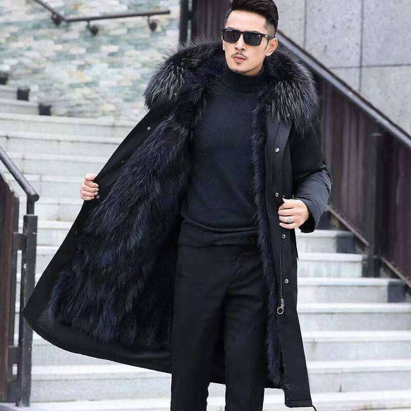 Faux Coat Loose OverCoat Thick Warm Men Plush Coats Fox Hair Inner Liner Detachable Collar Long Parkas Fur Jacket Z260313