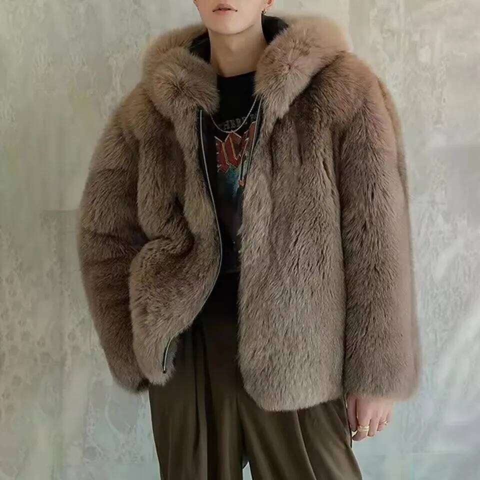 Autumn Winter New Mens Fox Coat Fashion Thicken Hooded Temperament Leisure Warm Imitation Fur Jacket Street Z260313