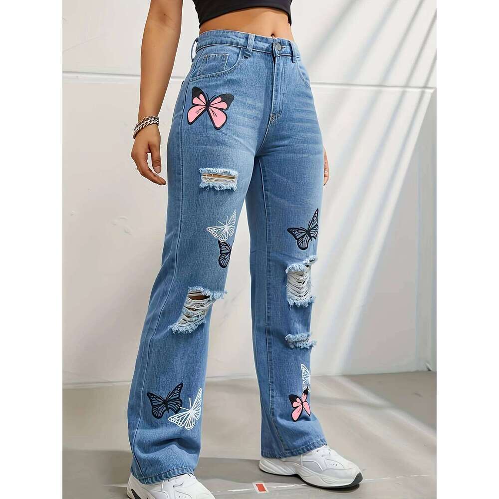 Butterfly Printing Denim Trousers Women Holes Jeans Straight Pants High Waist Loose Fit Vintage 2024 Casual Distressed Denims Z260313